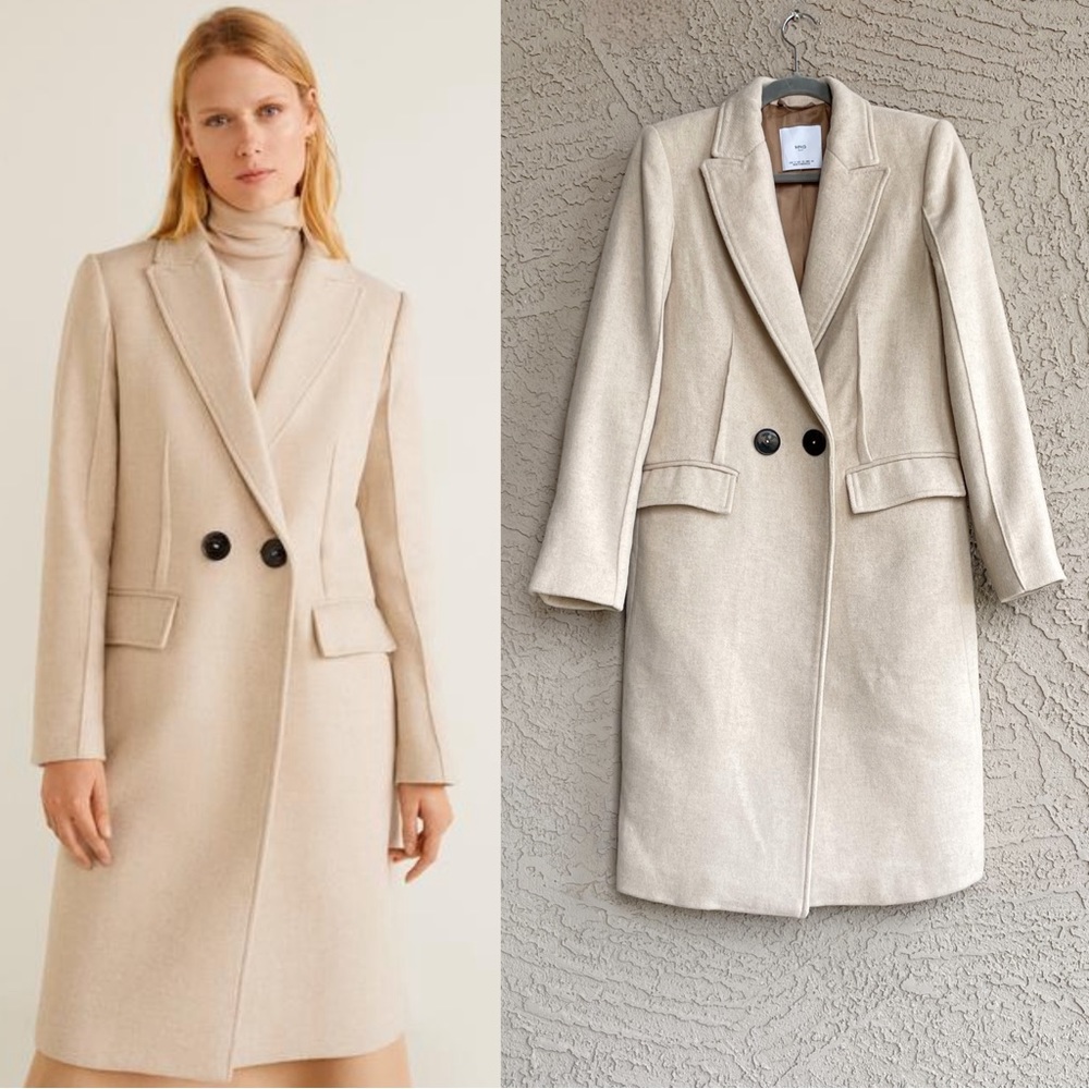 MANGO Neutral Beige Long Wool Coat Contrast Buttons Wool Trench Coat Sz XS